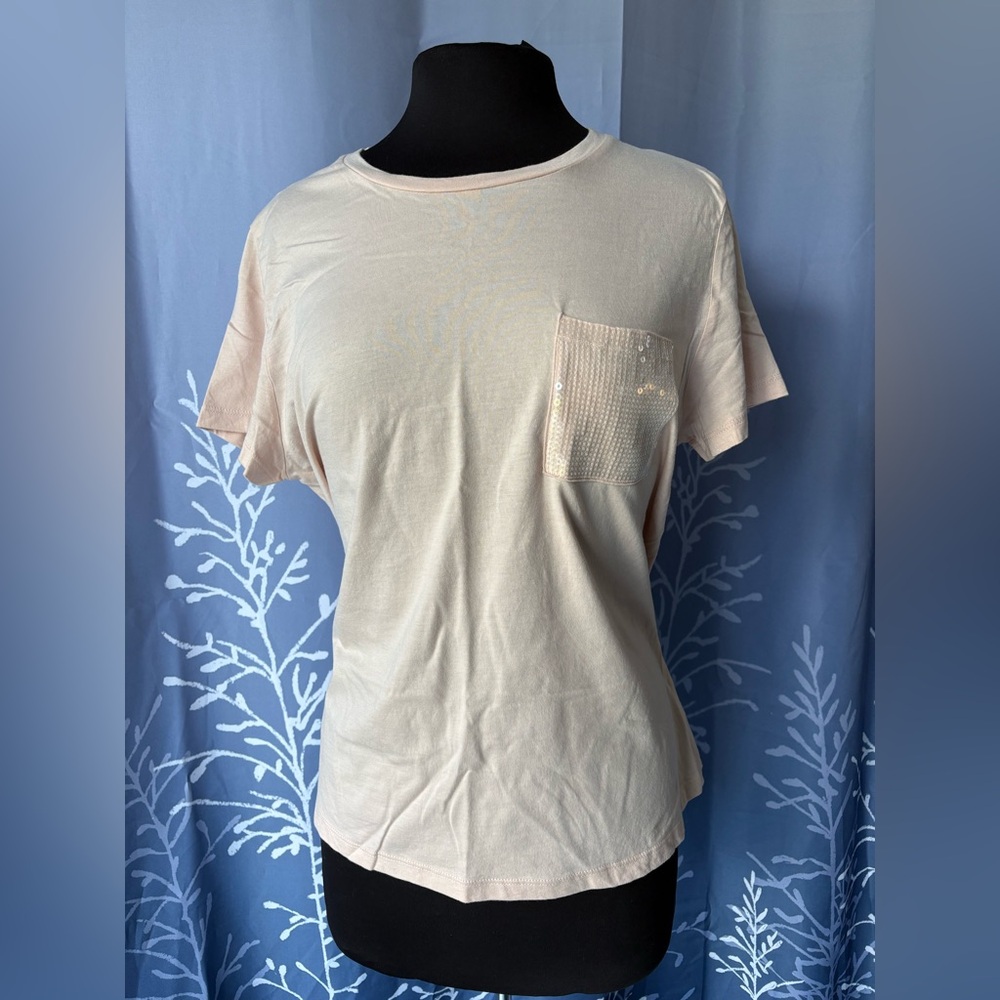 DKNY Women's Light Beige Sequin Accent Tee